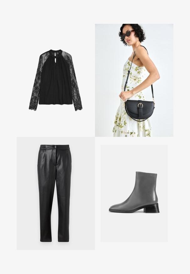 Črna bluza z dolgimi rokavi, okrašena z vzorcem čipke na rokavih, okroglim izrezom in ključavnico na sprednji strani. Gladek material s čipkastim robom.; Črne usnjene hlače z gladko teksturo, ravnim krojem, elastičnim pasom in sprednjim gumbom; nagubani detajli in zoženi nogi.; Sive usnjene gležnjarje z zaobljenim nosom in kratko, naloženo črno peto. Gladka tekstura z minimalnimi detajli.; Črna usnjena torbica s ukrivljeno obliko, z odstranljivo naramnico in zlatimi dodatki. Torbica ima pokrov s podrobnostmi v obliki zaponke.