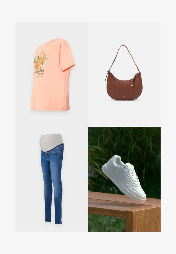 Persikofärgad bomull t-shirt med kort ärm, rund halsringning och ett grafiskt tryck av apelsiner med texten "VARJE DAG BÖRJAR."; Gravidjeans i blå denim med en figursydd passform. Har en grå stretchpanel för komfort. Klassisk femfickdesign med lätt blekning.; Vita sneakers med en slät syntetisk ovandel, perforerat tåparti, platta snören och en strukturerad sula, placerade på en träyta.; Brun faux läder axelväska med rundad form, minimal sömnad och detaljer i guldfärgad hårdvara. Har en övre dragkedjestängning och justerbar rem.