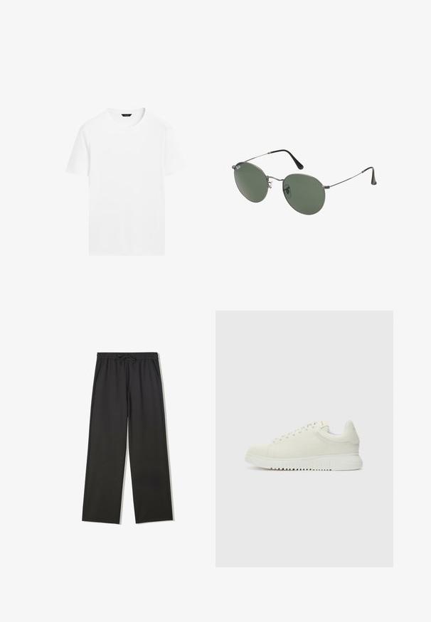 Hvid bomulds t-shirt med rund hals, korte ærmer og lige skæring. Har en glat, let tekstur og ingen synlige mønstre.; Sorte bukser med elastisk talje, snørebånd og sidelommer, med en afslappet pasform og lige ben.; Hvide lædersneakers med struktureret overdel, rund tå, flad hvid sål og tonede snørebånd. Subtil branding på tungen.; Metalrammede solbriller med ovale grønne linser. Tynd sølvmetalramme og sorte ørepropper. Minimalistisk design, ingen synlige logoer.
