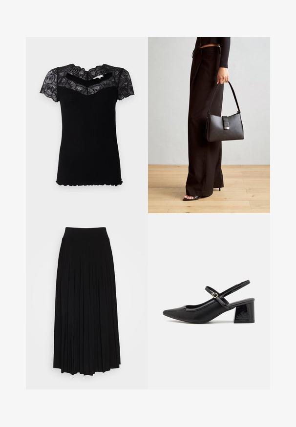 Juodas ripsuotas marškinėliai su trumpomis nėrinių rankovėmis ir banginiu iškirpimu. Pasižymi prigludusia forma ir tekstūruotu audiniu.; Juodas plisuotas sijonas su aukštu, tampri juosta. Pagamintas iš minkštos medžiagos, turi vertikalias plisėles, sukuriantis laisvą siluetą.; Juodi patentinio odos slingback aukštakulniai su smailiu pirštu, apvaliu išpjovimu ir blokiniu kulnu. Papuošti auksiniu juostos akcentu.; Juodas rankinė struktūrizuota forma, lygi tekstūra ir metalinis užsegimas. Suporuota su plačiomis juodomis kelnėmis ir atvirais bateliais ant medinių grindų.