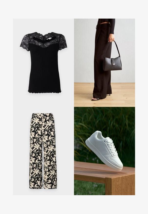 T-shirt preto com nervuras, mangas curtas em rendas e decote com bordas onduladas. Apresenta um design ajustado e tecido texturizado.; Calças largas pretas com um padrão floral creme. Feitas de um tecido leve, apresentando uma textura suave e uma cintura alta.; Sapatilha branca com um cabedal sintético liso, caixa dos dedos perfurada, atacadores planos e uma sola texturizada, exposta sobre uma superfície de madeira.; Bolsa preta com forma estruturada, textura suave e um fecho metálico. Combinada com calças largas pretas e sandálias de salto aberto sobre um chão de madeira.