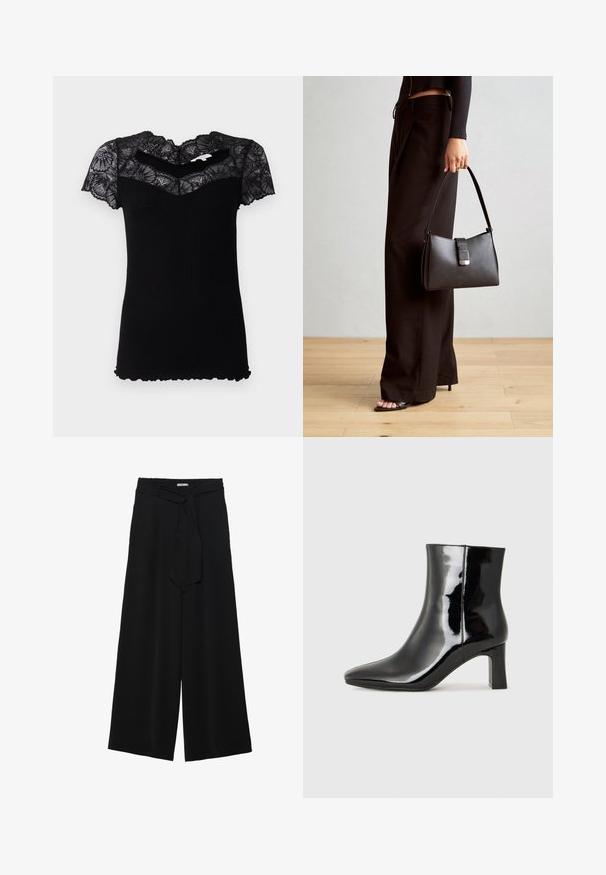Fekete bordázott póló rövid csipkés ujjakkal és hullámos nyakkivágással. Fitt szabású és texturált anyagú.; Fekete, bő szárú nadrág, texturált anyagból, rugalmas derékpánttal és levehető sállal a derekán, amely állítható illeszkedést biztosít.; Fekete lakk bőrcipő bokáig érő, hegyes orral és közepes magasságú tömbsarokkal. Simább textúrával és minimalista dizájnnal rendelkezik.; Fekete kézi táska strukturált formával, sima textúrával és fémből készült záródással. Széles fekete nadrággal és nyitott orrú szandállal párosítva, fából készült padlón.
