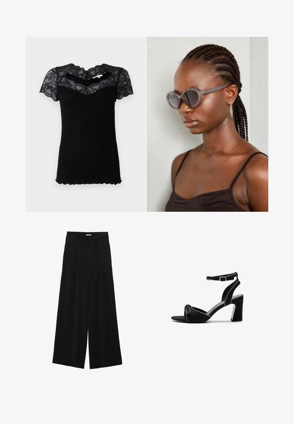 Black ribbed t-shirt with short lace sleeves and scalloped neckline. Features a fitted design and textured fabric.; Black wide-leg pants featuring a textured fabric, an elastic waistband, and a detachable sash tie at the waist for adjustable fit.; Black suede heeled sandals with a wide block heel, adjustable ankle strap, open toe design, and contrasting stitched detailing.; Gray oversized sunglasses with a rounded shape and dark lenses. Sleek plastic frame with a smooth finish. Model has braided hair.