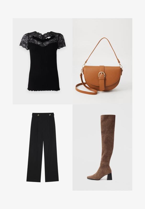T-shirt nero a coste con maniche corte in pizzo e scollatura ondulata. Presenta un design aderente e tessuto testurizzato.; Pantaloni neri a gamba larga con vita alta, dettagli con bottoni in vita e pieghe frontali.; Stivali marroni sopra il ginocchio in morbido camoscio, con punta affusolata e tacco grosso nero. Il design presenta cuciture senza soluzione di continuità per un aspetto elegante.; Borsa a tracolla in pelle marrone con forma curvata, hardware dorato e un dettaglio con fibbia. Presenta una tracolla rimovibile.