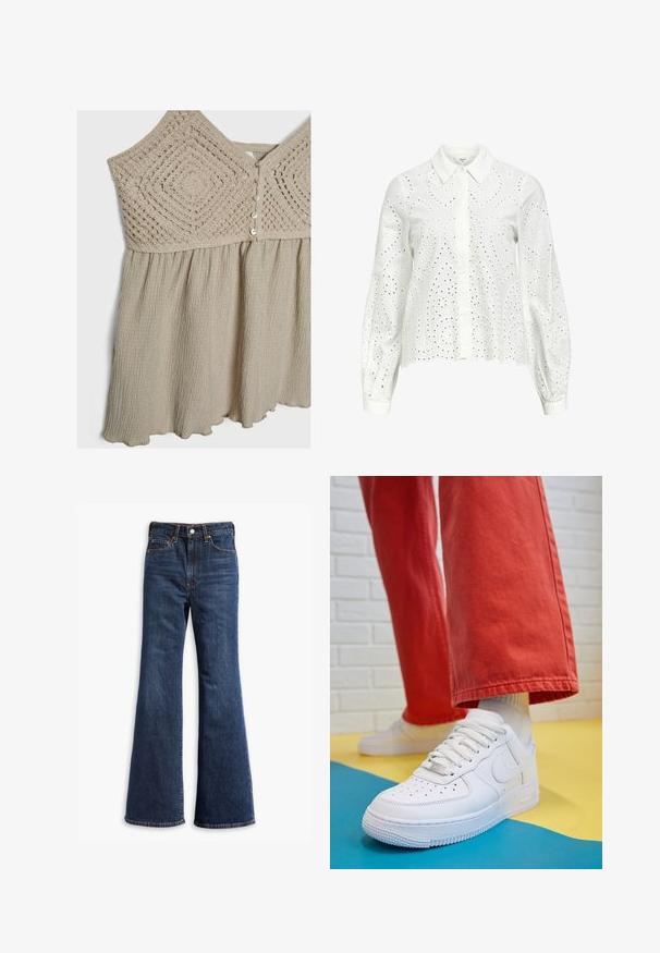 Lyse beige kjole med en struktureret hækle-buste og en samlet nederdel. Indsatser har knaplukninger og en bølget kant. Blødt, let stof.; Hvid langærmet skjorte med krave, der har øjenbroderi i et paisley-mønster og knaplukninger nedad foran.; Højtaljede mørkeblå denim jeans med udvidede ben, frontknap og lynlås lukning, samt fem-lommer design.; Hvide lædersneakers med perforeret tå-kasse, tekstureret sål og hvide snørebånd, parret med brede røde bukser og en blå-gul baggrund.