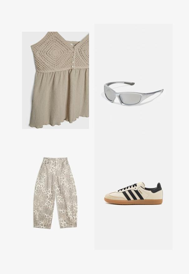 Svetlo béžové šaty s textúrovanou háčkovanou korzetou a rozšírenou sukňou. Vložené časti majú gombíkové zapínanie a vlnkový lem. Mäkko splývavá látka.; Nohavice s leopardím vzorom v svetlo béžovej farbe s vysokým pásom, širokými nohami a dvoma prednými vreckami. Vyrobené z hladkej tkaniny.; Béžová športová obuv s čiernymi pruhmi, gumovou podošvou a čiernymi akcentami. Má hladký kožený zvršok a zaoblený dizajn prstov.; Sivé slnečné okuliare so štíhlým, ľahkým plastovým rámom. Obsahujú tónované sivé šošovky a textúrované bočné detaily pre lepšiu priľnavosť.; Čierna a strieborná taška adidas s hladkým povrchom, s lesklým nitovaným vzorom a výrazným zakriveným dizajnom.