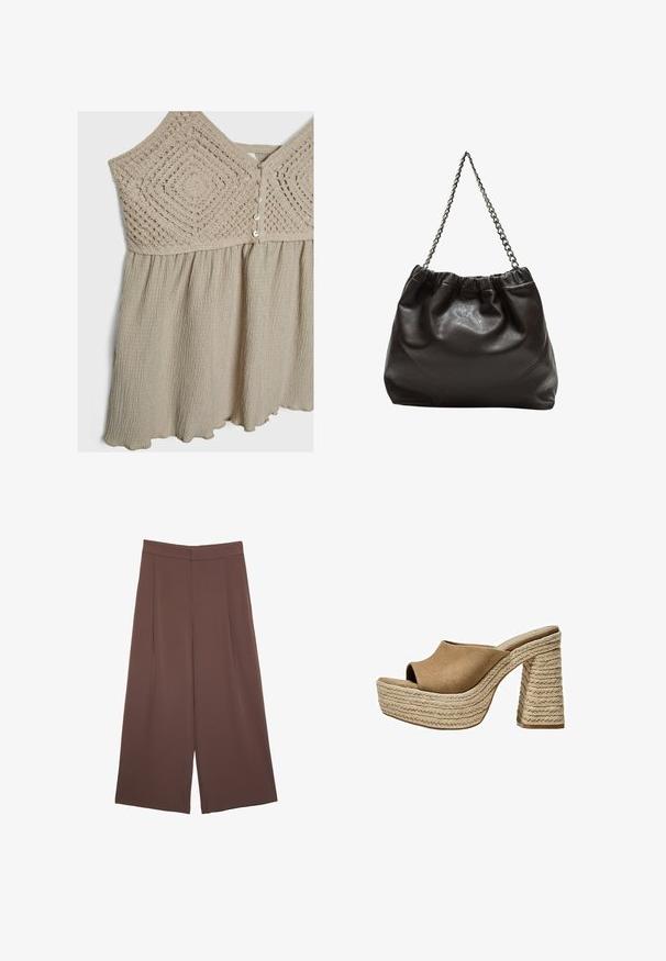 Light beige dress featuring a textured crochet bodice and a gathered skirt. Insets have button closures and a wavy hemline. Soft, flowy fabric.; Brown wide-leg trousers with a smooth texture, featuring a high waist and front pleats. The fabric is lightweight and flows loosely.; Brown suede platform mules with an open toe, featuring a chunky braided jute heel and a smooth, rounded upper design.; Brown leather bag with a gathered top and a chain strap. Smooth texture with a glossy finish and subtle seam detailing on the sides.