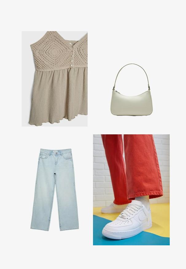 Jasno beżowa sukienka z teksturowanym koronkowym topem i marszczonym dołem. Wstawki mają zapięcia na guziki oraz falowany dół. Miękka, zwiewna tkanina.; Jasnoniebieskie jeansy o szerokich nogawkach, wykonane z denimu, z wysokim stanem, pięcioma kieszeniami i delikatnym efektem wyblaknięcia. Prosty krój z wykończonymi brzegami.; Białe skórzane sneakersy z perforowanym czubkiem, teksturowaną podeszwą i białymi sznurowadłami, w połączeniu z szerokimi czerwonymi spodniami na niebiesko-żółtym tle.; Torba hobo w jasnobeżowej skórze o zaokrąglonym kształcie, smukłym pasku na ramię i górnym zapięciu na zamek. Gładka faktura z minimalnymi akcentami.