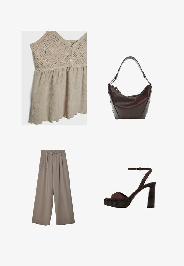 Robe beige clair avec un corps en crochet texturé et une jupe froncée. Les empiècements ont des fermetures à bouton et un ourlet en ondulation. Tissu doux et fluide.; Pantalons évasés en tissu gris doux et muted, avec une taille ceinturée et des plis pour un détail de design supplémentaire. Texture lisse, sans motifs.; Sandale à talons hauts en suede marron avec un bout ouvert, une bride de cheville réglable et une semelle de plateforme rayée.; Sac à main en cuir marron foncé avec une forme incurvée, fermeture zippée et une poignée courte. Il présente des accessoires en métal et des boutons noirs décoratifs sur le côté.