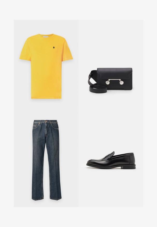 Žuta pamukasta majica kratkih rukava, okruglog izreza, sa malim crnim logotipom na lijevoj strani prsnog područja. Glatka tekstura i standardni kroj.; Tamno plave traperice ravnog kroja s prednjim gumbom, patentnim zatvaračem, dvojim prednjim džepovima i vidljivim vertikalnim naborima duž nogu.; Crni kožni mokasini s glatkom teksturom, zaobljenim prstima i ukrasnom trakom preko prednjeg dijela. Niski slojeviti potplat, minimalistički dizajn.; Crna kožna crossbody torba s preklopom, hardverom srebrne boje i dva okrugla detalja. Ima odvojivi remen. Glatka tekstura.