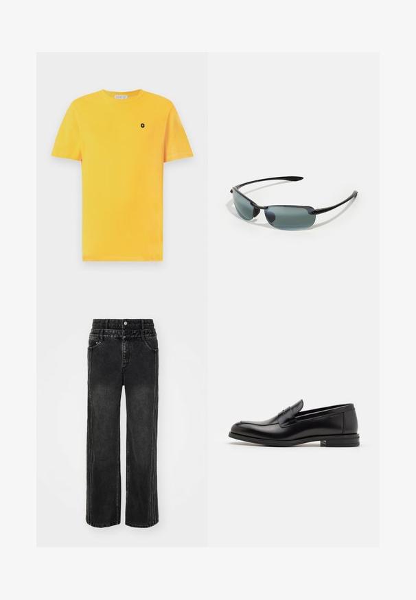 Yellow cotton T-shirt with short sleeves, round neckline, and a small black logo on the left chest area. Smooth texture and standard fit.; Wide-leg black denim jeans with a faded finish, featuring a button closure, five pockets, and contrasting stitching along the sides.; Black leather loafers with a smooth texture, rounded toe, and a decorative strap across the vamp. Low stacked heel, minimalist design.; Sport sunglasses with a slender black frame, rectangular lenses in gradient gray, and textured temple grips for added comfort.