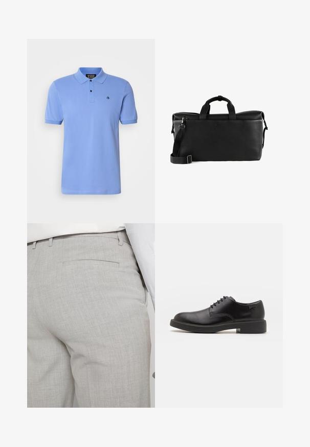 Jasnoniebieska koszulka polo z bawełny, z zapięciem na guziki, krótkimi rękawami, żebrowanym kołnierzykiem oraz małym haftowanym logo na piersi.; Jasnoszare, dopasowane spodnie wykonane z fakturowanej tkaniny, z pojedynczą tylną kieszenią i starannym przeszyciem.; Czarny skórzany but za kostkę z okrągłym noskiem, gładką fakturą, minimalnym przeszyciem i niskim gumowym obcasem. Logo na pięcie.; Czarna skórzana torba podróżna o textured powierzchni, z podwójnymi uchwytami, regulowanym paskiem na ramię i zamkiem błyskawicznym na górze. Prosta grafika logo z przodu.