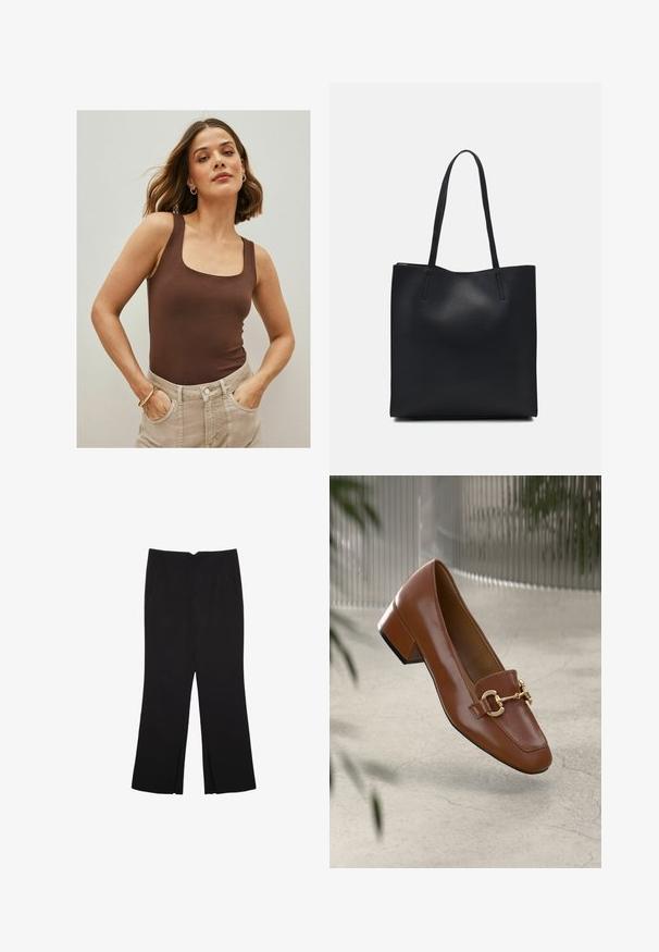 Body senza maniche marrone con scollatura quadrata, realizzato in tessuto morbido, abbinato a pantaloni beige chiaro a vita alta. Design semplice.; Pantaloni neri a gamba dritta, con tasche frontali e spacchi laterali all'orlo. Realizzati in tessuto morbido e liscio. Adatti a diverse occasioni.; Mocassino in pelle verniciata marrone con punta quadrata, accentato da catena metallica e tacco basso; texture liscia, design minimalista.; Borsa tote in pelle nera con texture liscia, forma rettangolare e due manici lunghi. Nessun hardware o decorazione visibile.