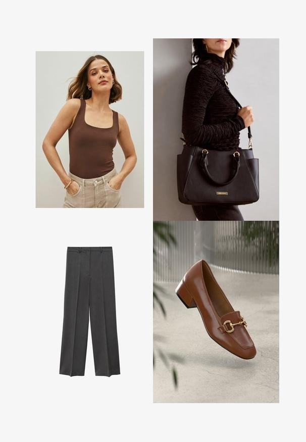 Body senza maniche marrone con scollatura quadrata, realizzato in tessuto morbido, abbinato a pantaloni beige chiaro a vita alta. Design semplice.; Pantaloni a gamba larga grigi con una superficie liscia, fronte plissettato e passanti per cintura. Realizzati in un tessuto leggero e tessuto.; Mocassino in pelle verniciata marrone con punta quadrata, accentato da catena metallica e tacco basso; texture liscia, design minimalista.; Borsa nera con superficie texturizzata, manici superiori doppi e tracolla regolabile. Dotata di hardware color oro e tasche laterali.