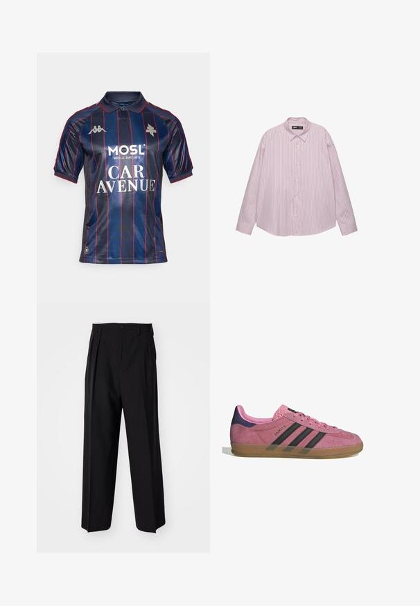 Polo shirt blu navy con strisce verticali rosse, maniche corte, colletto e loghi argento. Presenta testo stampato dello sponsor in bianco.; Camicia button-up rosa chiaro con strisce blu verticali, colletto, maniche lunghe e vestibilità ampia. Realizzata in un tessuto morbido con una leggera lucentezza.; Pantaloni neri a pieghe con un design dritto e gamba larga. Realizzati in tessuto morbido, con chiusura a bottone e passanti per cintura.; Sneaker in suede rosa con strisce nere, suola in gomma e tallone texturizzato viola. Presenta un design con lacci e un marchio in rilievo sul lato.