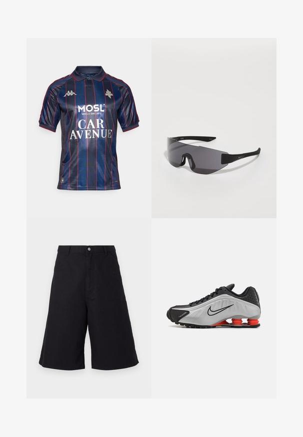 Tummansininen polo-paita, jossa on pystysuoria punaisia raitoja, lyhyet hihat, kaulus ja hopeiset logot. Sisältää valkoiset sponsoritekstit.; Mustat puuvillashortsit suorin leikkauksin, joissa on etutaskut, nappisuljenta ja materiaali, joka sopii vapaa-ajan käyttöön.; Musta ja hopea urheiluvaruste, jossa on tekstiilinen pinta, erottuvat urat ja punaiset vaimennuselementit kantapäällä tukemaan. Matala malli.; Mustat urheilulliset aurinkolasit, joissa on mukautuva muotoilu, tummanväriset linssit, kulmikas muoto ja logotemppeliin asennettuina korostuksina.