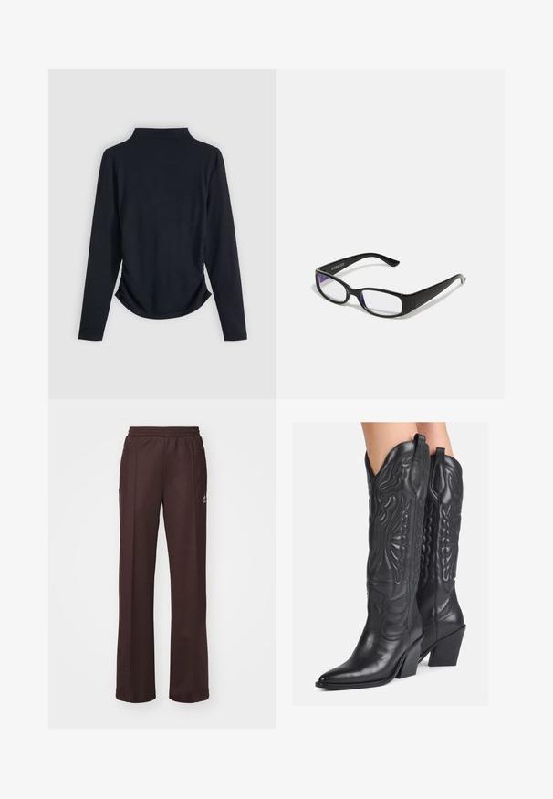 Musthave musta pikkade varrukatega pluus, millel on kõrge krae, kokku tõmmatud külgedega ja sile tekstuur. Lihtne disain, ilma nähtavate mustrite või tarvikuteta.; Kohvilised spordipüksid elastse vöökohtaga, kahe külgmise taskuga ja väikese logoga vasakul küljel, valmistatud pehmest kangast.; Mustad mustang nahkasaapad keerukate reljeefsete kujunditega, terava tipuga ja tunda peal. Omab õmmeldud aksessuaare ja tõmblauke.; Mustad mustad prillid selgete läätsedega. Läikiv viimistlus, kitsad vars, ja läätsede servadel on nähtav lilla varjund.