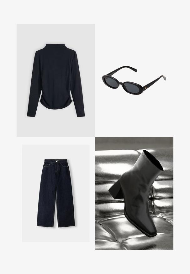 Schwarzes langärmliges Oberteil mit hohem Kragen, gerafften Seiten und glatter Textur. Schlichtes Design ohne sichtbare Muster oder Beschläge.; Dunkelblaue, weite Jeans mit hoher Taille, fünf Taschen, Kontrastnähten und silbernem Metallzubehör. Glatte Textur und saubere Verarbeitung.; Schwarzer Knöchelstiefel aus glänzendem Material mit quadratischer Zehenform und verjüngtem Absatz, vor einem glänzenden silbernen gepolsterten Hintergrund.; Schwarze, oversized Sonnenbrillen mit ovalen Gläsern, glattem Kunststoffrahmen und goldenen Akzenten an den Bügeln. Die dunklen Gläser bieten Sonnenschutz.