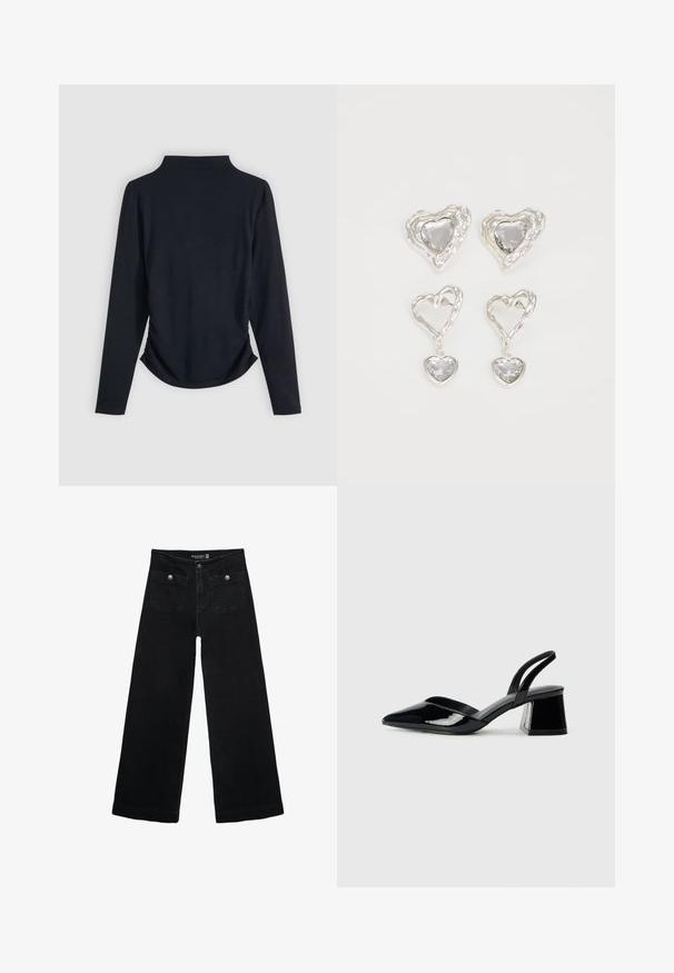 Crna majica dugih rukava s visokim ovratnikom, nabranim stranicama i glatkom teksturom. Jednostavan dizajn bez vidljivih uzoraka ili hardvera.; Crne široke traperice s visokim strukom, koje imaju dva prednja džepa i metalne gumbe kao ukrase. Tkanina ima glatku teksturu.; Crne lakirane kožne sandale s otvorenom petom i špicastim vrhom, s geometrijskom blok petom. Imaju elegantan, minimalistički dizajn i glatku teksturu.; Srebrne naušnice u obliku srca imaju fasetirane prozirne kamenčiće, s teksturiranim okvirom. Set uključuje naušnice na dugme i viseće stilove.