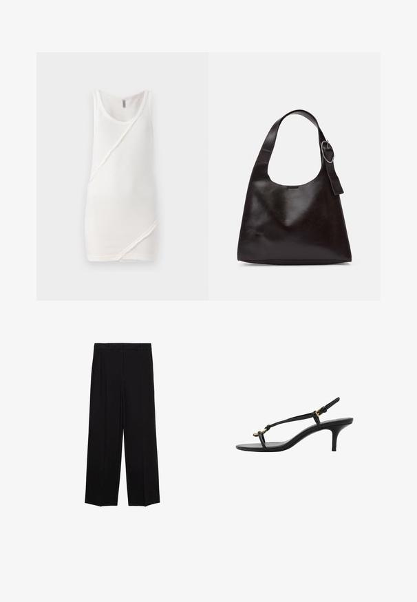 White tank top made of ribbed fabric, featuring a round neck and diagonal seam detail across the front, with raw edge accents.; Black wide-leg trousers with a smooth fabric, featuring pleats at the front and side pockets, designed with a straight, relaxed cut.; Black leather kitten heel sandal with thin straps, gold buckle, and minimalist toe loop on a white background.; Brown leather shoulder bag with a smooth texture, rounded shape, wide strap, and circular metallic accent on the handle.
