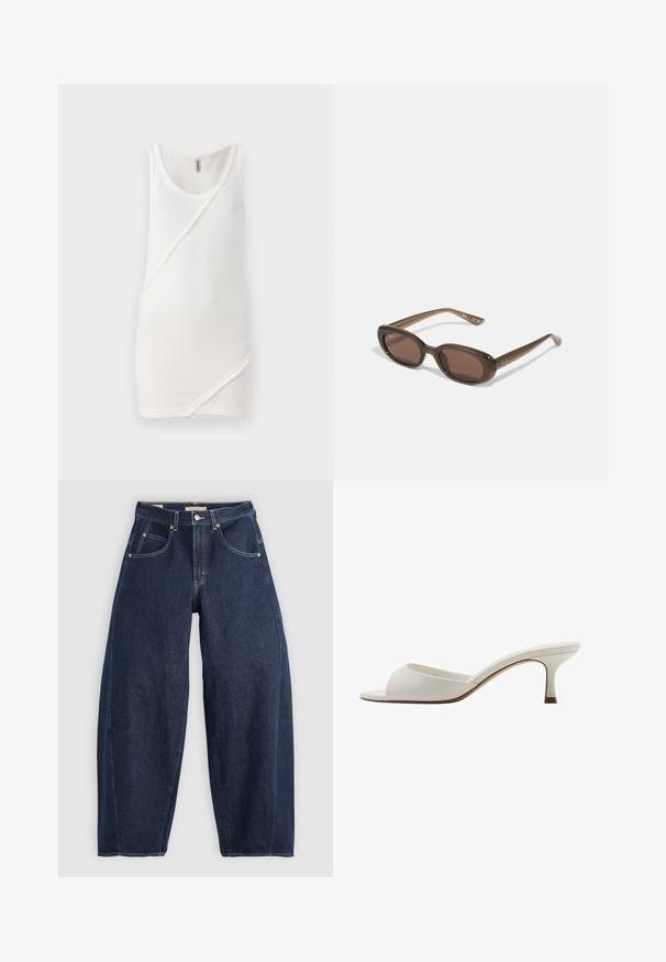 Witte tanktop van ribstof, met een ronde hals en diagonale naden over de voorkant, voorzien van ruwe randen.; Donkerblauwe denim jeans met een losse fit, lichte stiksels, vijf zakken en een knoopsluiting op de taille.; Witte open-toed hoge hakken met een gladde afwerking, minimalistisch ontwerp en een slanke hak, met een subtiele bruine accent op de zool.; Brown ovalen zonnebrillen met donkere lenzen. Het montuur is gemaakt van doorzichtig bruin materiaal en heeft een logo dat op de slapen is gedrukt.; Groeneleren handtas met een gladde textuur, gebogen vorm en gevlochten handvat. Beschikt over een ritsluiting en een verstelbare schouderband.