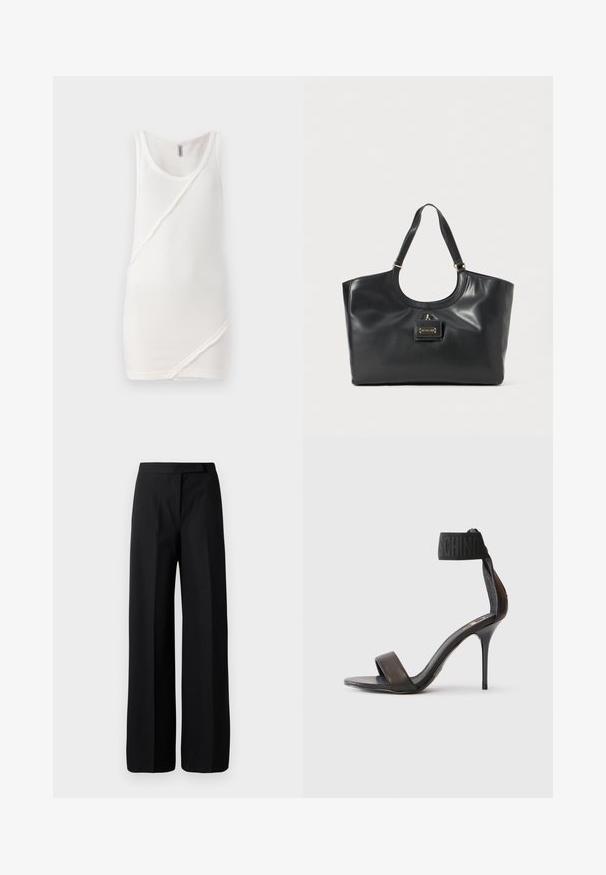 Top alb din material elastic, cu un guler rotund și detalii cu cusătura diagonala pe față, accentuate cu margini brut.; Pantaloni negri cu picioare largi, având o textură netedă și mată. Talie plată, fără elemente metalice sau modele vizibile. Design simplu și elegant.; Sandalie negre cu toc stiletto, cu un superior din piele netedă, două curele late și o curea de gleznă dintr-un material textil negru cu marcaj. Prezintă un design elegant, cu vârf ascuțit.; Geanta tote din piele neagră cu un finisaj lucios, parte superioară curbată, două bretele pentru umăr și un accent de hardware de nuanță aurie pe față.