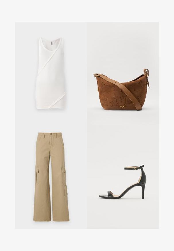 Weißes Tanktop aus geripptem Stoff, mit rundem Ausschnitt und schrägen Nahtdetails an der Vorderseite, sowie rohen Kantenakzenten.; Beige Cargo-Hosen mit weitem Bein, ausgestattet mit zwei seitlichen Klappen-Taschen, einem Knopfverschluss und einem glatten Baumwollstoff.; Schwarze Leder-high-heeled Sandale mit Knöchelriemen. Verfügt über eine glatte Textur, offene Zehen und einen dünnen Absatz. Goldfarbener Schnallenakzent.; Braune Wildleder-Schultertasche mit geprägtem floralen Design, ergänzt durch einen glatten braunen Ledertrageriemen und goldfarbenen Hardware-Akzenten.