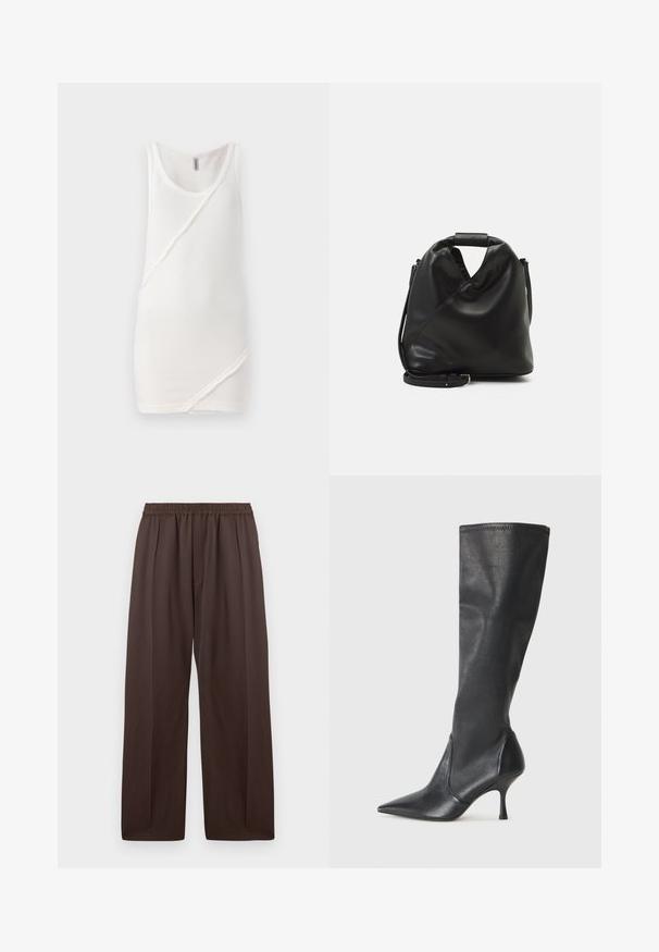 Canotta bianca in tessuto a coste, con scollo rotondo e dettagli con cuciture diagonali sul davanti, arricchita da finiture a taglio vivo.; Pantaloni ampi marroni con cintura elastica e sottili pieghe frontali, esposti distesi su uno sfondo bianco.; Stivali neri in pelle al ginocchio con punta affusolata e tacco a stiletto sottile. Texture liscia con design aderente e cuciture lungo il bordo superiore.; Borsa nera in pelle morbida con un design unico e attorcigliato. Presenta una maniglia corta e una tracolla removibile. Stile minimalista.