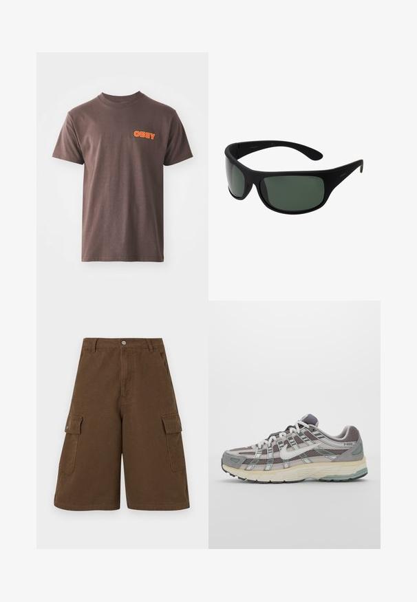 Rudo medvilnės marškinėliai su trumpomis rankovėmis, kuriuose ant kairiojo krūtinės pusės puikiai matomas oranžinis "OBEY" grafikas. Paprastas apykaklės dizainas.; Rudi cargo šortai su tiesia iškirpte, dviem šoninėmis kišenėmis ir priekyje užsegimo mygtuku. Pagaminti iš tvirtos medvilnės audinio su matinio paviršiaus apdaila.; Pilkas sportinis batas su tinklu ir zomšos viršutine dalimi, baltomis detalėmis, paminkštintu padu ir išskirtiniu dizainu su atspindinčiais elementais.; Juodos apskrito tipo saulės akinių rėmas su tamsiai žaliais lęšiais. Matinis paviršius, kreivai suformuota konstrukcija, tiesios namos ir subtilus prekės ženklas šone.; Septyni sidabriniai žiedai, nusprendti įvairiais dizainais, įskaitant susuktus, susietus ir raižytus raštus. Skirtingos formos ir pločiai.