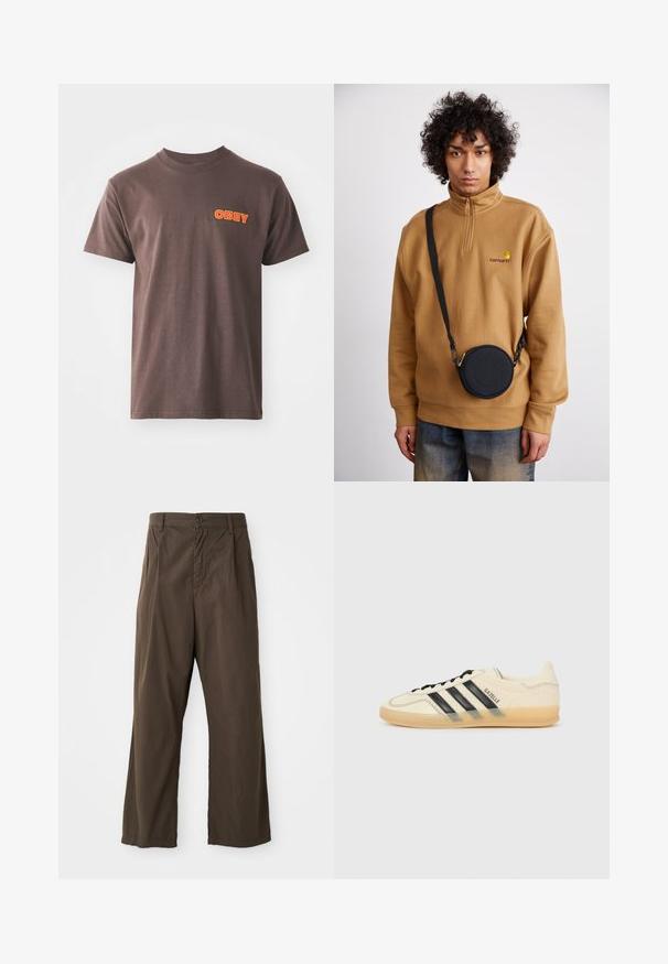 T-shirt de algodão castanho com manga curta, apresentando um destacado gráfico laranja "OBEY" na área do peito esquerdo. Design simples com decote redondo.; Calças largas, castanhas, feitas de algodão, com fecho frontal por botão, passadores de cinto e uma textura suave e mate.; Sapatilhas de creme claro com design de três riscas pretas, parte superior texturizada, bico redondo e sola de borracha. Apresenta atacadores e uma marca na lateral.; Sweatshirt de felpa castanho com zíper de um quarto e logótipo bordado, acompanhado de uma mala crossbody preta com fecho e detalhe do logótipo, vestida sobre uns jeans.