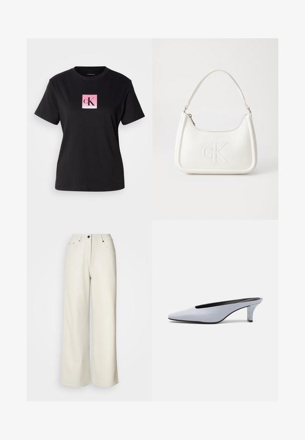 Svart bomull T-skjorte med et kvadratisk rosa gradientlogo med "cK" i svart font i midten. Korte ermer og rund hals.; Kremfargede vide bukser laget av glatt stoff. Har en midje med middels høyde, glidelås foran, og to frontlommer med svarte detaljer.; Lys blå patentlær mule med spiss tå, lav gjennomsiktig hæl og en elegant design med utskjæring på vampen.; Hvit lærveske med en buet fasong, med et preget "CK"-logo på forsiden og en enkel skulderstropp. Glidelåslukking på toppen.