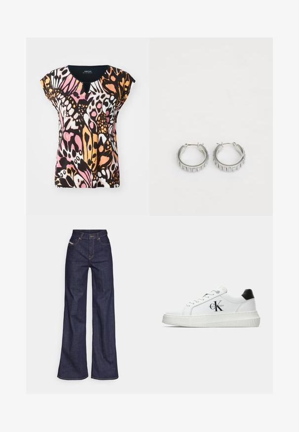 T-shirt s kratkimi rokavi z barvitim vzorcem metuljev v roza, oranžni, črni in beli barvi. Detajl v obliki ključne luknje pri izrezu in mehak materi.; Temno modri široki kavbojke iz denima z visokim pasom, ki imajo oranžne šive, pet žepov in gumba za zapiranje.; Bele nizke superge z črnim hrbtnim delom, platformo, vezalkami in Calvin Klein "CK" logotipom na strani.; Srebrni obroči s teksturiranim dizajnom, ki vsebuje navpične rebraste vzorce. Krožna oblika z varnim zapiranjem na zaponko. Gladek zaključek.