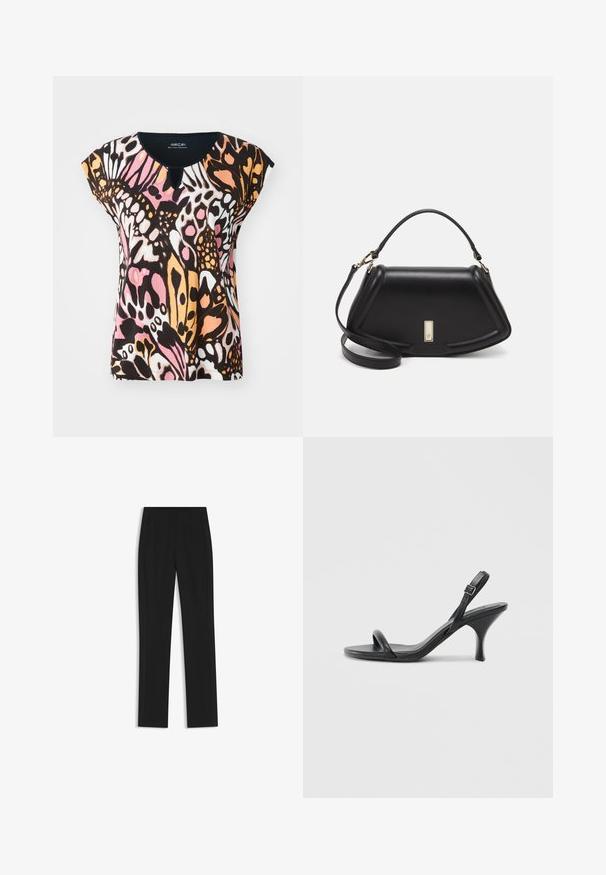 Top a maniche corte con un motivo di farfalle colorate nei toni di rosa, arancione, nero e bianco. Dettaglio a chiave d'incanto sullo scollo e texture morbida.; Pantaloni neri su misura con un design a gamba dritta, dotati di tasche frontali e un tessuto liscio e strutturato. Dettagli ordinati e minimalisti.; Sandali con tacco alto in pelle nera, con tacco sottile e curvo e design a fascia incrociata. Cinghia alla caviglia regolabile. Texture liscia.; Borsa a mano in pelle nera con un design strutturato, caratterizzata da una forma corta, manico superiore e accessori in metallo dorato. Inclusa tracolla regolabile.