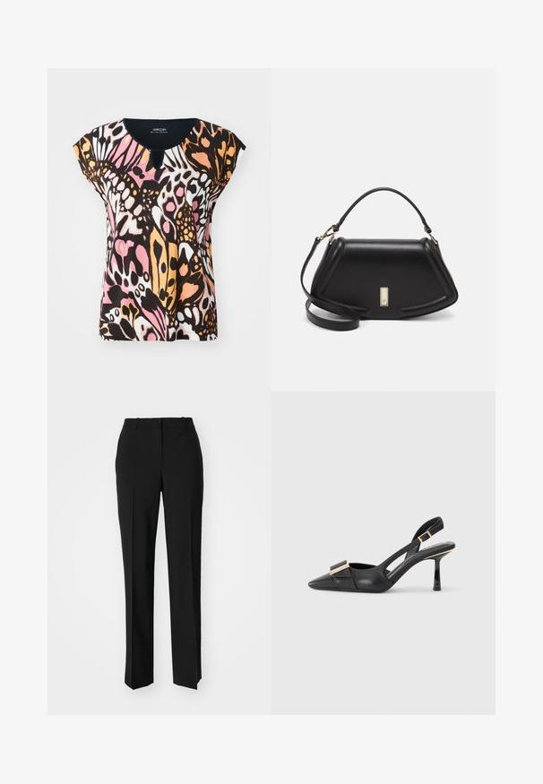 Un haut à manches courtes avec un motif de papillons colorés en rose, orange, noir et blanc. Détail en forme de trou de serrure au niveau du col et texture douce.; Pantalon noir ajusté avec une coupe droite, présentant une texture lisse et des plis nets sur le devant. Aucune quincaillerie visible.; Chaussure slingback en cuir noir avec un bout pointu, un talon fin et un accent en métal doré sur le devant. Texture lisse et design structuré.; Sac à main en cuir noir avec un design structuré, featuring une forme cropped, une poignée supérieure et des accents en matériel doré. Bandoulière réglable incluse.