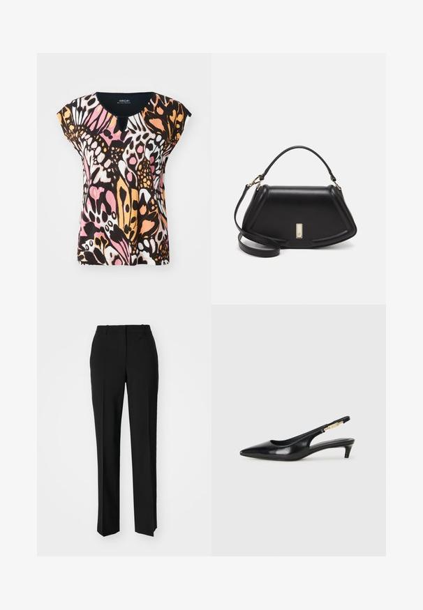 T-skjorte med kort erm og et fargerikt sommerfuglmønster i rosa, oransje, svart og hvitt. Nøkkelhull-detalj ved utringningen og myk tekstur.; Sorte skreddersydde bukser med rett silhuett, med en glatt tekstur og klare pressede bretter foran. Ingen synlig maskinvare.; Sorte lærreim hæler med spiss tå, som har en slank hæl og en gullfarget detalj på den justerbare stroppen. Glatt tekstur.; Sort lærveske med en strukturert design, som har en avkortet form, topphåndtak og detaljer i gull. Justerbar skulderstropp inkludert.