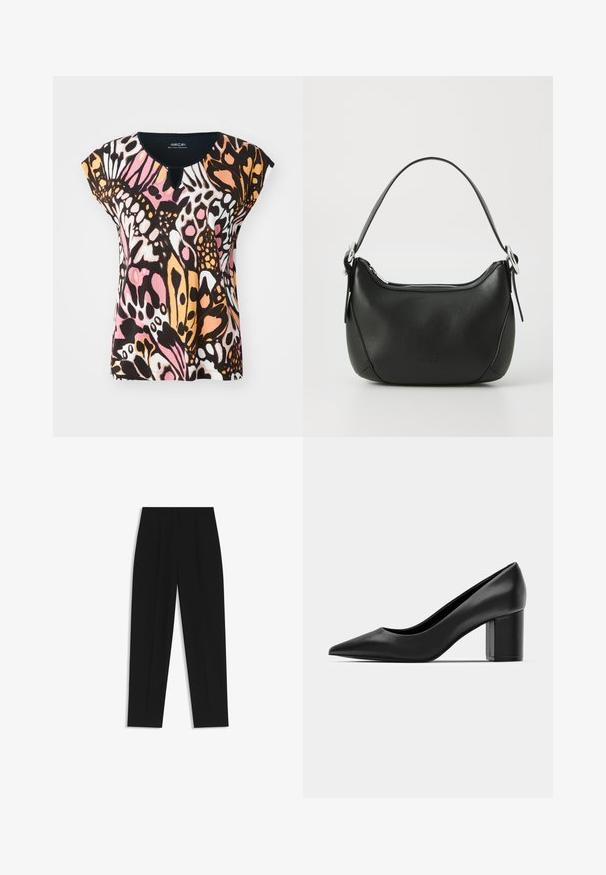 Short-sleeve top featuring a colorful butterfly pattern in pink, orange, black, and white. Keyhole detail at the neckline and soft texture.; Black trousers with a straight fit, featuring double pleats, a smooth texture, and a classic waistband design. No visible hardware or accents.; Black leather pump with a pointed toe and a chunky square heel. Smooth texture, simple design, suitable for formal settings.; Black leather handbag with a curved shape, silver zipper, and a short handle. Features a subtle logo on the front and smooth texture.