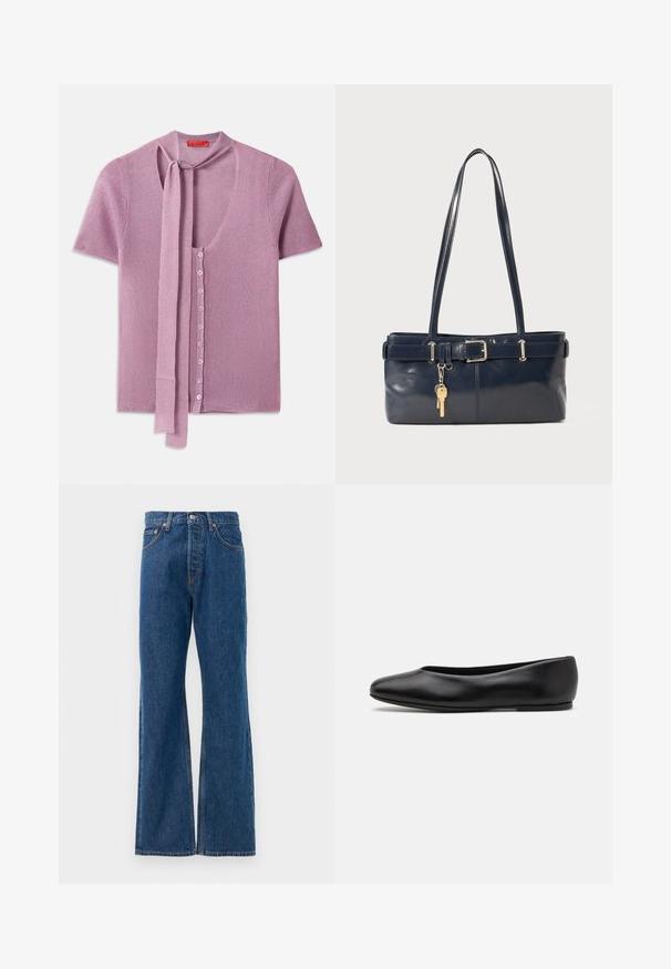 Pleteni kardigan v svetlo roza barvi, s črnim izrezom, kratkimi rokavi in trakom pri izrezu. Zapiranje na šest gumbov z reliefnim vzorcem.; Modre flared jeans iz denima z visokim pasom, opremljene s petimi žepi, srebrnim gumbom za zapiranje in vidnimi šivi.; Paul Smith TOPANGA - Balerinke - black; Mornarska usnjena torbica z dvema dolgima ročajema, dodatkom z zaponko in pritrjeno ključavnico. Ima gladko teksturo in pravokotno obliko.