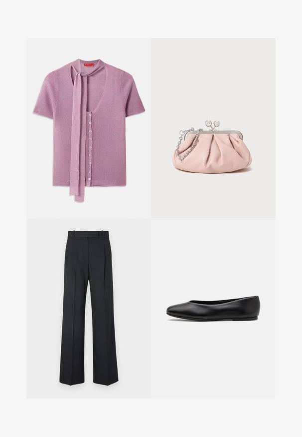 Knit cardigan in light pink, featuring a V-neck, short sleeves, and a tie at the neckline. Six button closure with ribbed texture.; Dark blue pinstriped trousers with a high waist, wide leg design, and no visible hardware or embellishments. Smooth texture and tailored fit.; Paul Smith TOPANGA - Ballet pumps - black; Pink leather clutch bag with a gathered design, metal frame, two round clasps, and a silver chain strap. Smooth texture, compact shape.