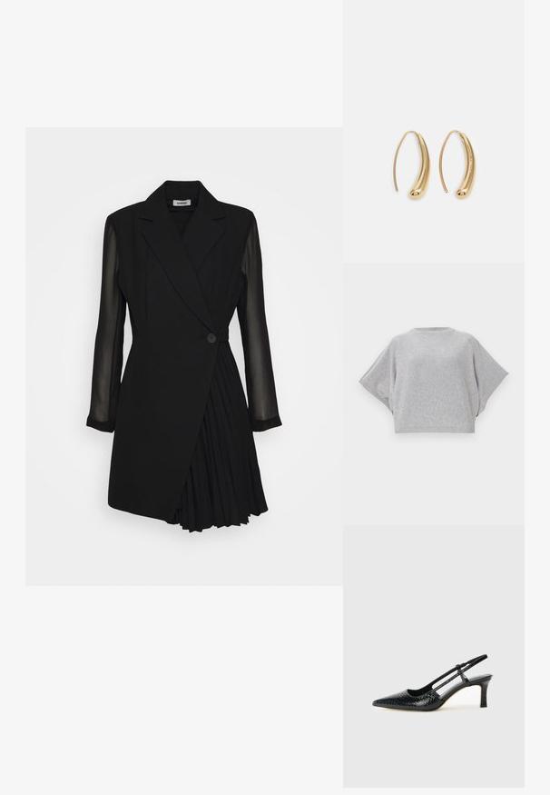 Grå strikket pullover med korte, brede ærmer, rund halsudskæring og ribbet kant. Blød tekstur, afslappet pasform, alsidigt design.; Sort skræddersyet kjole med blazerstil overdel, gennemsigtige lange ærmer, en enkelt knaplukning og plisseret nederdel.; Sorte patent slingback hæl med spids tå, prydet med tekstureret slangeskindsmønster, justerbar rem og en kort, tekstureret blokhæl.; Sort læder crossbody taske med to frontlommer, guldspænder, lynlåslukning og en slank rem. Struktureret overflade og kompakt rektangulær form.; Guldfarvede metal hoops øreringe med en bøjet, forlænget form. Har en glat, skinnende overflade og en afrundet spids for ekstra detalje.