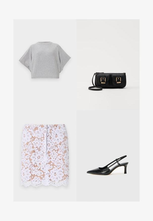 Grå stickad tröja med korta, vida ärmar, rund halsringning och räfflad fåll. Mjuk textur, avslappnad passform, mångsidig design.; Vit spetskjol med blommönster, scallop-kant och diskreta dekorationer. Har en åtsittande design och dold bakre dragkedja.; Svart lackskin slingback-häl med spetsig tå, med texturerad ormskinnsprint, justerbar rem och en kort, texturerad blockklack.; Svart läderaxelväska med två framfickor, guldspännen, dragkedjestängning och en smal rem. Texturerad yta och kompakt rektangulär form.
