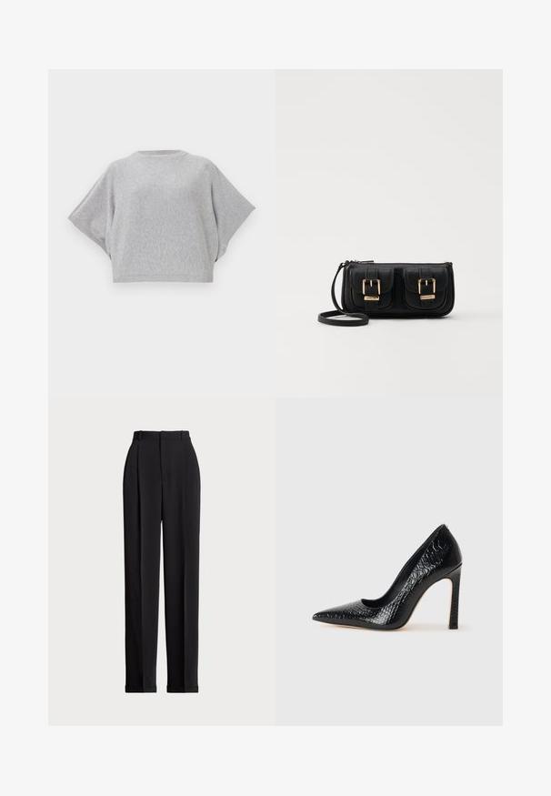 Gray knitted pullover with short, wide sleeves, round neckline, and ribbed hem. Soft texture, relaxed fit, versatile design.; Black tailored trousers with a high waist, featuring pleats at the front, a straight leg design, and a cuffed hem. Made from smooth fabric.; Black pointed-toe high heel shoe with a crocodile-skin texture, featuring a sleek design, high stiletto heel, and smooth black interior.; Black leather crossbody bag with two front pockets, gold buckles, zipper closure, and a slim strap. Textured surface and compact rectangular shape.