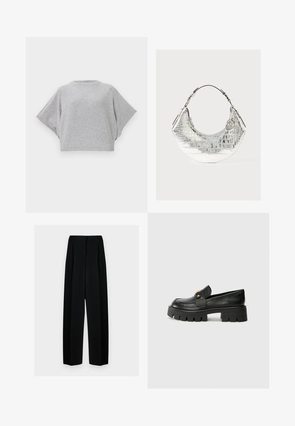 Grå strikket genser med korte, vide ermer, rund hals og ribbestrikket kant. Myk tekstur, avslappet passform, allsidig design.; Svart vide bukser med høy livhøyde, med folder og en glatt tekstur. Stoffet virker lett og faller elegant.; Sorte skinnloafers med en kraftig såle, med en gulltoneakcent foran og en jevn finish. Kraftig mønsterdesign på sålen.; Sølv krokodillepræget håndtaske med en buet form, et brunt læderhåndtag og metalaccenter, der har et dekorativt vedhæng.