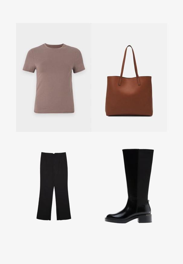 Majica s kratkimi rokavi v umirjeni rjavi barvi, izdelana iz gladkega bombaža z klasičnim okroglim izrezom in minimalnimi šivi.; Črne hlače ravnega kroja z naglavnimi žepi in stranskimi razporki na robu. Narejene iz mehke, gladke tkanine. Primerne za različne priložnosti.; Črni škornji do kolen z gladkim usnjenim zaključkom, izrazitim šivanjem, robustnim petnim delom in teksturirano zadnjo ploščo za dodatno zanimivost.; Rjava usnjena torba z gladko teksturo, odprto zasnovo zgoraj in dvema naramnima trakovoma. Opremljena je z minimalnim šivanjem in brez vidnih kovinskih delov.