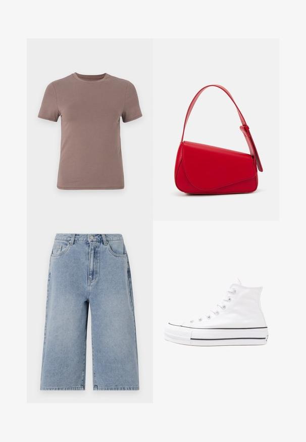 Kortermet t-skjorte i dempet brunt, laget av glatt bomull med klassisk rund hals og minimale sømdetaljer.; Lyseblå denimshorts med løs passform, middels høy livvidde og synlige sømmer. Har sidelommer og baklommer, samt knappelukking.; Hvit høy-skinn kanvas sneakers med svart gummisåle, gummitåhette foran og seks hull for snorer, med et rent, minimalistisk design.; Rød lærveske med en vinklet, geometrisk design. Har en enkelt justerbar stropp og en klaffelukking med sydd detaljer.