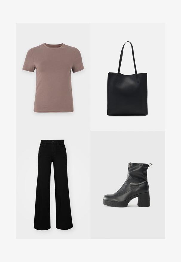 Kortermet t-skjorte i dempet brunt, laget av glatt bomull med klassisk rund hals og minimale sømdetaljer.; Svart vide bukser laget av denim, med en strukturert midjebånd, beltestropper og frontlommer. Glatt tekstur med et klassisk design.; Svarte ankelstøvler laget av glatt lær, med glidelås på siden, chunky strukturert hæl, og rund tå-design.; Svart lær tote bag med glatt tekstur, rektangulær form og to lange håndtak. Ingen synlige deler eller dekorasjoner.