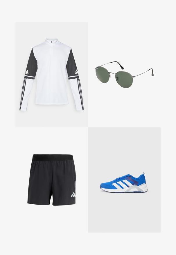 Długie rękawy sportowej koszulki z białym korpusem i czarnymi rękawami, z golfem na ćwierć zamka, logo Adidas oraz kontrastowymi paskami na rękach.; Czarne sportowe szorty z elastycznym paskiem w talii, charakteryzujące się gładką fakturą i odblaskowym białym logo na dolnej lewej stronie.; Niebieskie buty sportowe wykonane z oddychającej siateczki z białymi paskami, teksturowanym noskiem oraz amortyzowaną podeszwą dla wsparcia i przyczepności.; Okulary przeciwsłoneczne z metalową ramą i owalnymi zielonymi soczewkami. Cienka srebrna metalowa rama i czarne końcówki zauszników. Minimalistyczny design, bez widocznych logo.