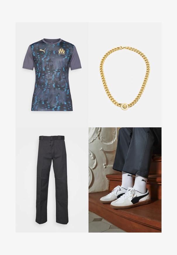 Camiseta de hombre Puma en azul marino con un patrón texturizado, con acentos en azul. Logo dorado de Marsella y texto "Droit au But", de mangas cortas.; Pantalones negros de tela duradera, con un diseño de pierna recta, una cinturilla con trabillas para cinturón y costuras para mayor textura.; Zapatillas Puma en gamuza blanca y negra, con una suela de goma marrón. Combinadas con calcetines blancos que muestran un logo negro, llevados con pantalones oscuros.; Collar de cadena de oro con grandes eslabones entrelazados, que presenta un detalle de medallón circular en el centro con un emblema en relieve.