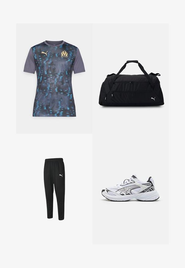 Férfi Puma mez sötétkékkel, texturált mintával, kék akcentusokkal. Arany Marseille embléma és "Droit au But" felirat, rövid ujjú.; Fekete sportnadrág sima anyagból, megkötős derékkal, szűkített lábszárral és egy kis fehér Puma logóval a bal oldalon.; Fehér sportcipő fekete részletekkel. Hálós és szintetikus felsőrész, vastag talp és ívelt dizájn. Felszerelt fűzős elülső rész és logó részletek.; Fekete sporttáska tartós anyagból, dupla cipzáras rekeszekkel, párnázott fogantyúkkal és fehér Puma logóval az oldalon.