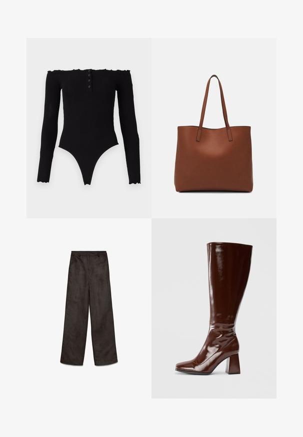 Svart avtakbar bodysuit med lange ermer, ribbestruktur, knappestolpe og scalloped kanter. Designet med høyt skåret ben.; Bredde ben, svarte stoffbukser med en glatt, myk tekstur. Har frontlommer og glidelåsåpning. Rent design uten synlige mønstre.; Knelange brune lakk lær støvler med firkantet tå, blank overflate og en klumpete hæl for stabilitet. Sømløst design uten synlige detaljer.; Brun lær tote veske med en jevn tekstur, åpen toppdesign og to skulderstropper. Har minimal søm og ingen synlige spiker.