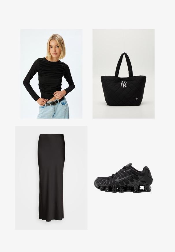 Sort langærmet top med samlet tekstur omkring taljen, rund halsudskæring og blødt, strækbart stof. Parret med lyseblå højtaljede jeans.; Sort, maxiskørt i satin med en glat tekstur, tætsiddende talje og A-formet silhuet, uden synlige udsmykninger eller mønstre.; Sort atletisk sko med mesh-overdel og glatte overlays. Har buet spiralbøsningsdæmpning og strukturerede linjer på siden. Nike-logoet er synligt.; Quiltet sort tote bag med dobbelte håndtag, med et hvidt New York Yankees-logo og et lille brandemblem på siden.